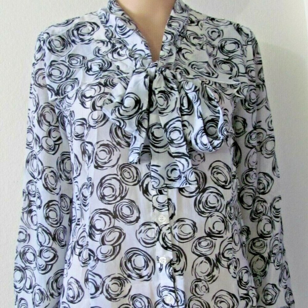 Lovely Button Down Long sleeve sheer Women's Bow Blouse top shirt Sz M/L